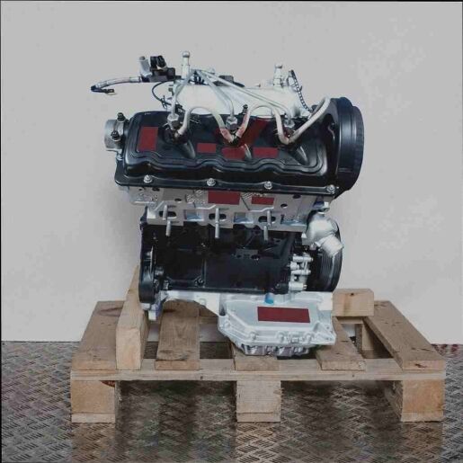 Motor BCZ auf Holzpalette vor weißem Hintergrund. Der schwarze Motor mit silbernen Einspritzleitungen ist seitlich abgebildet.