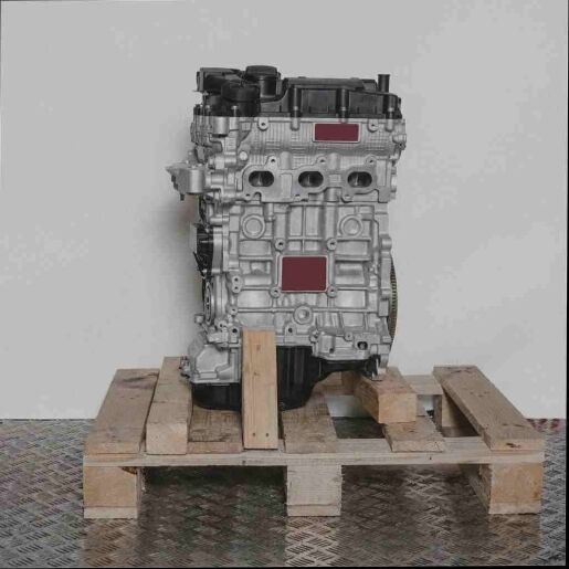 Kompletter Motor F 12 XHL (EB2ADTD) auf Holzpalette vor weißem Hintergrund. Das Bild zeigt den silbernen und schwarzen Motor in Seitenansicht.