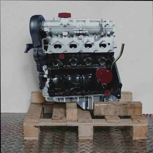 Z 14 XE Motor auf Holzpalette vor weißem Hintergrund. Seitenansicht des schwarzen und silbernen Motors.